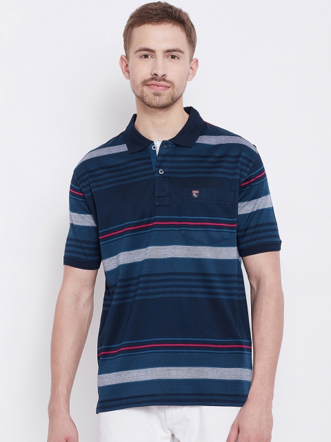 

Duke Men Navy Blue Striped Polo Collar T-shirt