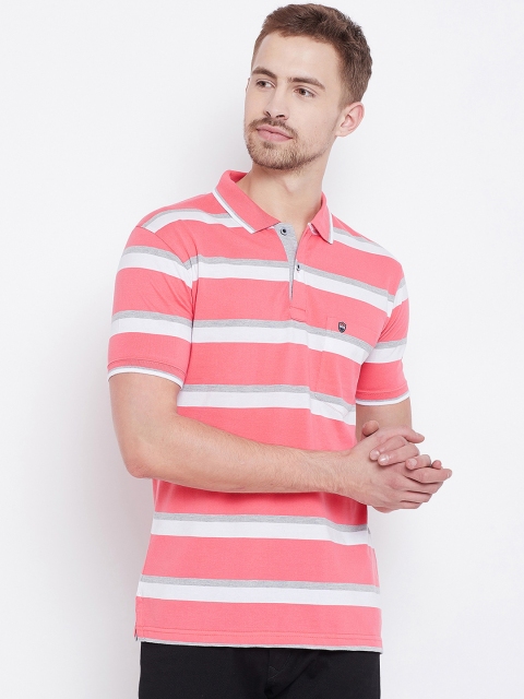 

Duke Men Pink & White Striped Polo Collar T-shirt