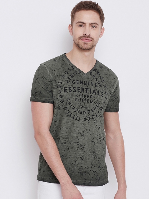 

Duke Men Olive Green Printed V-Neck T-shirt