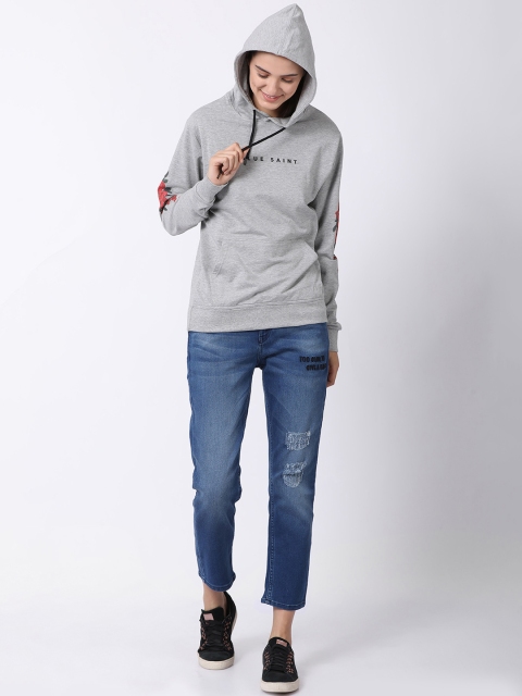 

Blue Saint Women Grey Solid Hooded Sweatshirt