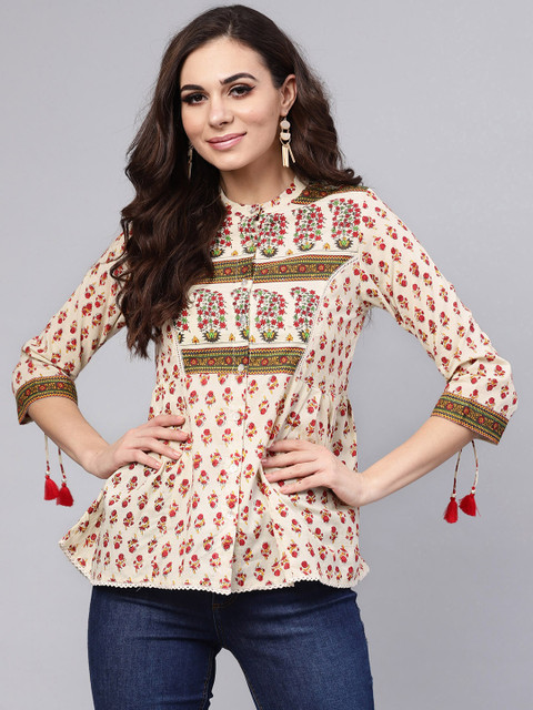

Rain & Rainbow Women Beige & Red Printed Shirt Style Pure Cotton Top