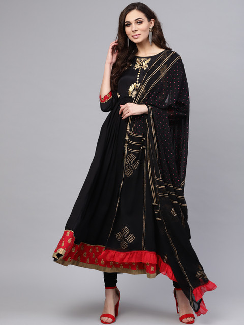 

Rain & Rainbow Women Black & Golden Yoke Design Kurta with Churidar & Dupatta