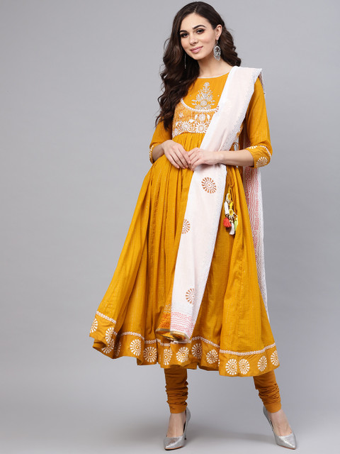 

Rain & Rainbow Women Mustard Yellow & White Yoke Design Kurta with Churidar & Dupatta