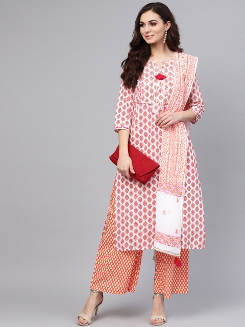 

Rain & Rainbow Women White & Orange Printed Kurta with Palazzos & Dupatta