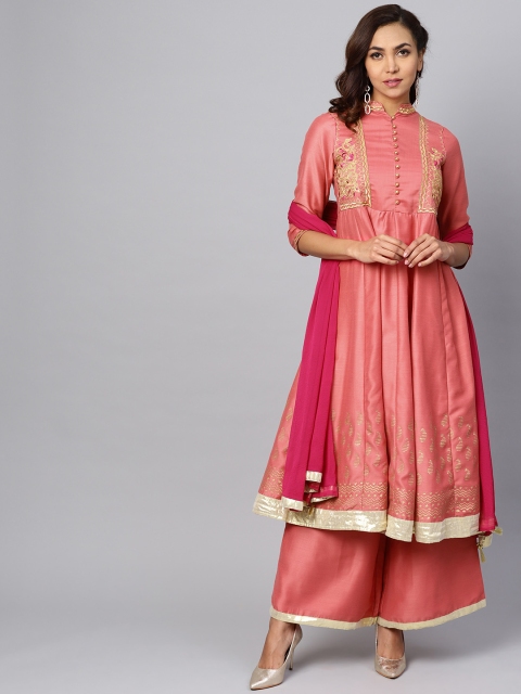 

Rain & Rainbow Women Coral Pink Printed Kurta with Palazzos & Dupatta
