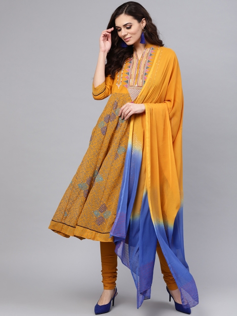 

Rain & Rainbow Women Mustard Yellow & Blue Printed Kurta with Churidar & Dupatta