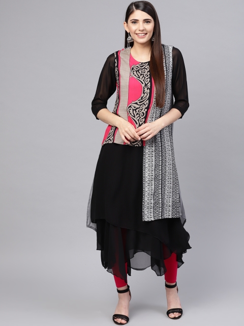 

Rain & Rainbow Women Black & Grey Solid Asymmetric A-Line Kurta
