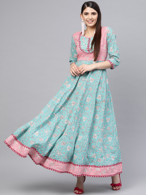 

Rain & Rainbow Women Sea Green & Pink Printed Maxi Dress