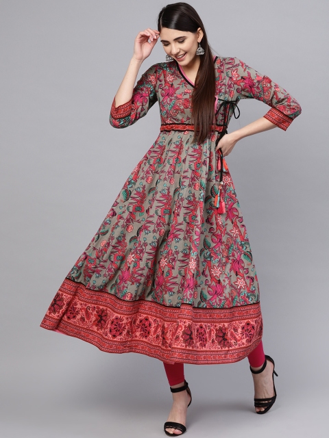 

Rain & Rainbow Women Grey & Pink Printed Angrakha Anarkali Kurta
