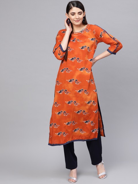 

Rain & Rainbow Women Orange Dyed Quirky Printed Straight Kurta