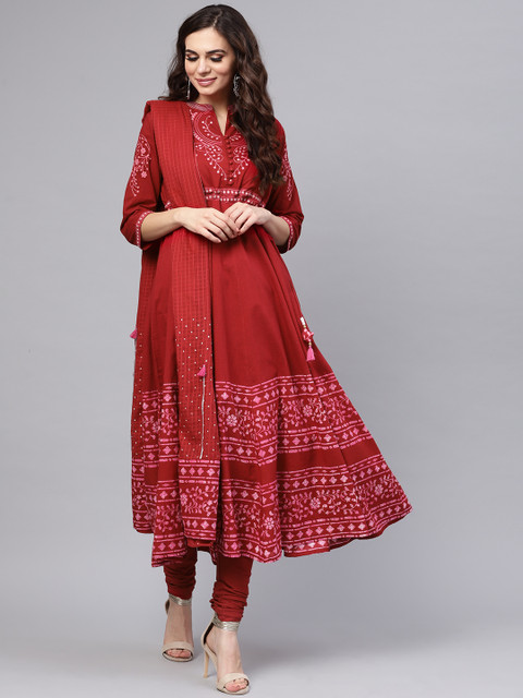 

Rain & Rainbow Women Maroon Printed Kurta with Churidar & Dupatta