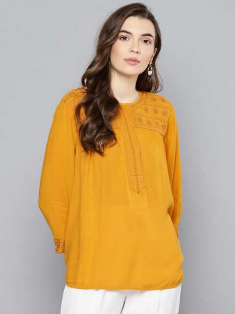 

Label Ritu Kumar Women Mustard Yellow Solid Top