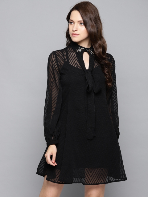 

Label Ritu Kumar Women Black Self Design Semi-Sheer A-Line Dress