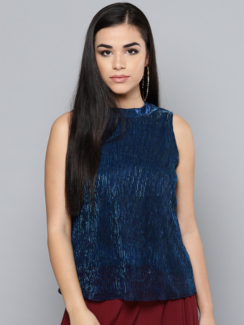 

Label Ritu Kumar Women Navy Blue Solid Shimmery A-Line Top