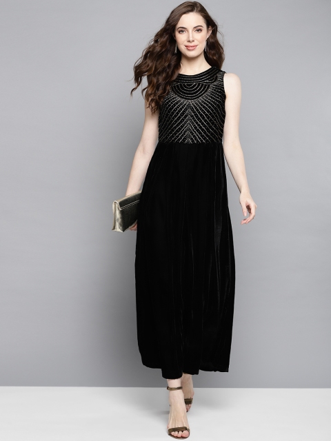 

Label Ritu Kumar Women Black Solid Maxi Dress with Velvet Finish
