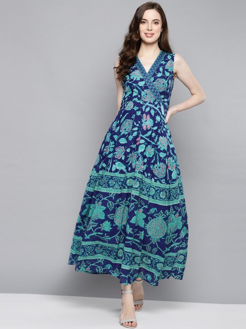 

Label Ritu Kumar Women Navy Blue & Green Printed Maxi Dress