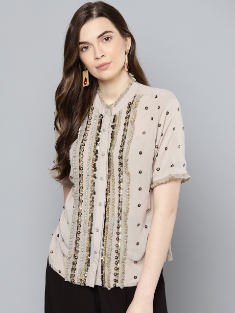 

Label Ritu Kumar Women Taupe Embellished Shirt Style Top