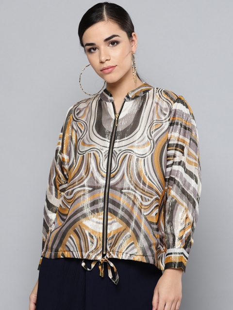 Label Ritu Kumar Women Grey & Mustard Yellow Printed Lightweight Bomber