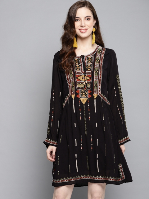 Label Ritu Kumar Women Black Embroidered A-Line Dress