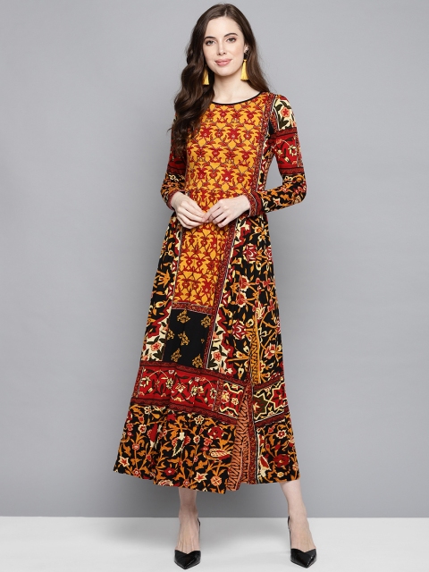 

Label Ritu Kumar Women Mustard Yellow & Red Printed Maxi Dress