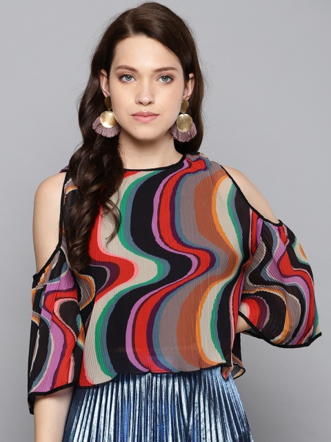 

Label Ritu Kumar Women Multicoloured Printed Cold-Shoulder Pleated Top, Multi