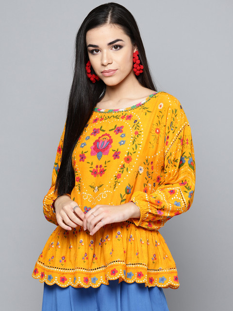 

Label Ritu Kumar Women Yellow & Red Floral Print A-Line Top