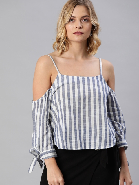 

ONLY Women Blue & White Striped Cotton Top With Cold-Shoulder Sleeves