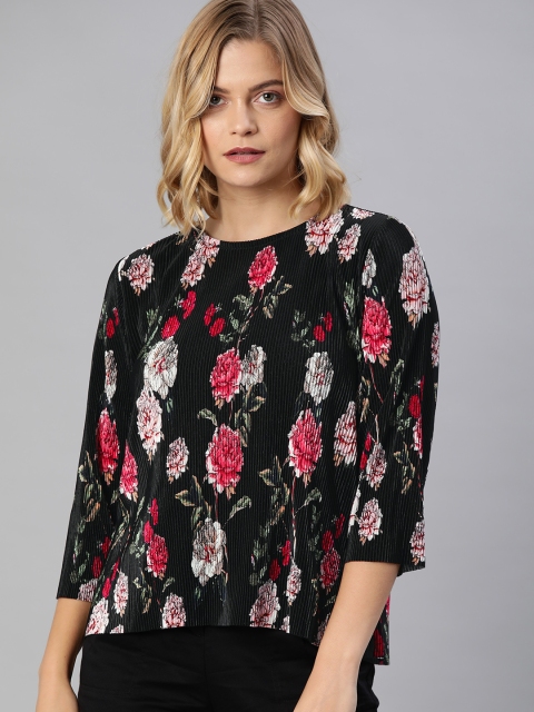 

ONLY Women Black & Red Floral Printed Accordion Pleats Top