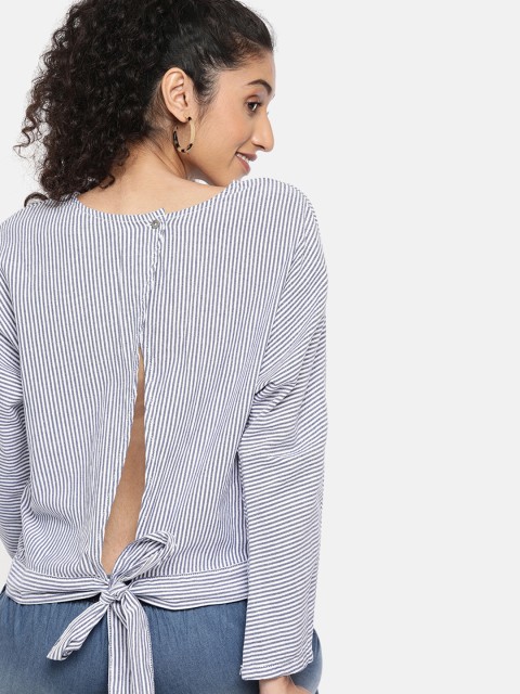 

ONLY Women Blue & White Striped Styled Back Pure Cotton Top