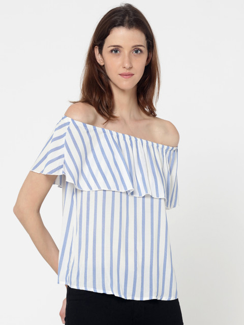 

ONLY Women White & Blue Striped Bardot Top