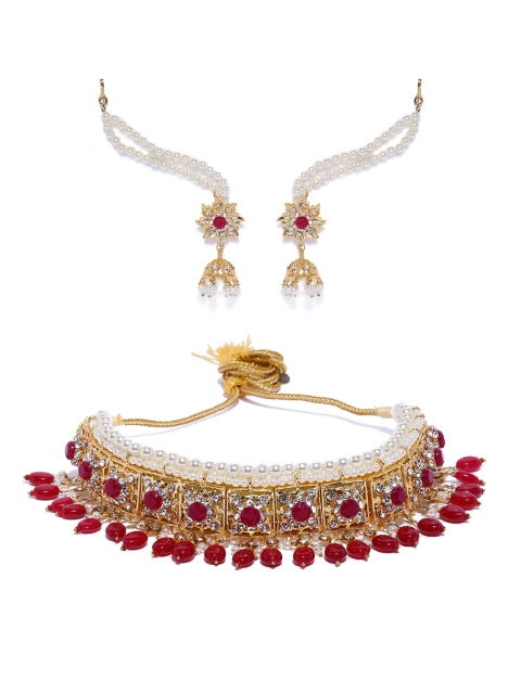

justpeachy Red & Gold-Toned Pearls & Stones Studded Choker Jewellery Set