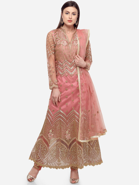 

Stylee LIFESTYLE Pink & Gold-Toned Polyester Semi-Stitched Dress Material