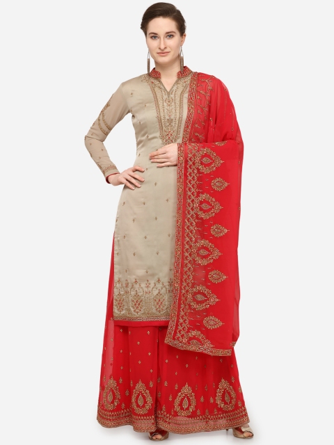 

Stylee LIFESTYLE Taupe & Red Silk Blend Semi-Stitched Dress Material