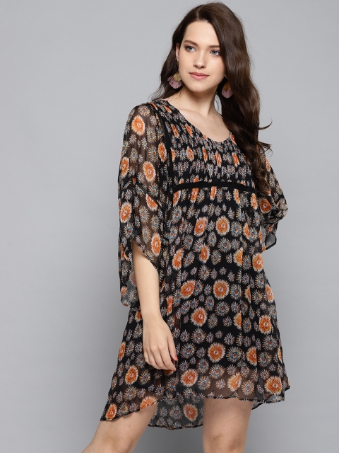 

Label Ritu Kumar Women Black & Orange Printed Semi-Sheer A-Line Dress
