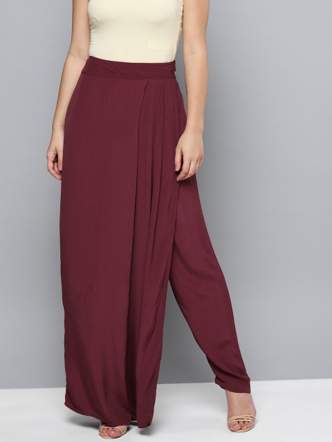 

Label Ritu Kumar Women Burgundy Slim Fit Solid Layered Trousers