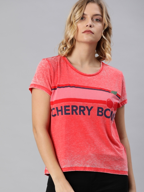

ONLY Women Coral Red Printed Scoop Neck T-shirt With Striped Detailing