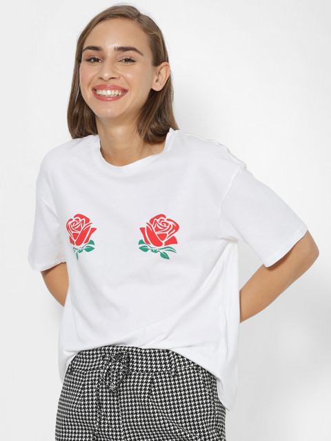 

ONLY Women White & Red Printed Round Neck T-shirt