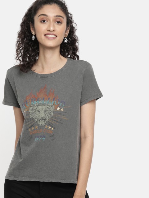 

ONLY Women Charcoal Grey Printed Round Neck T-shirt
