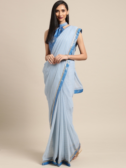 

Inddus Women Blue Striped Poly Chiffon Saree
