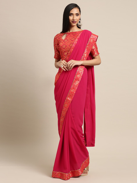 

Inddus Pink Solid Poly Georgette Saree