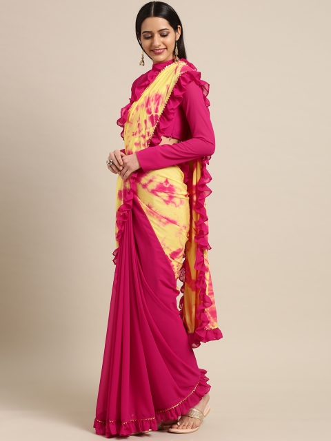 

Inddus Magenta & Yellow Poly Georgette Dyed Saree