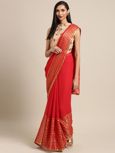 

Inddus Red & Gold-Toned Pure Georgette Solid Saree