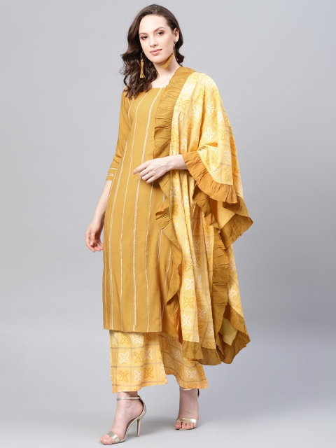 

Yufta Women Yellow Striped Kurta with Palazzos & Dupatta