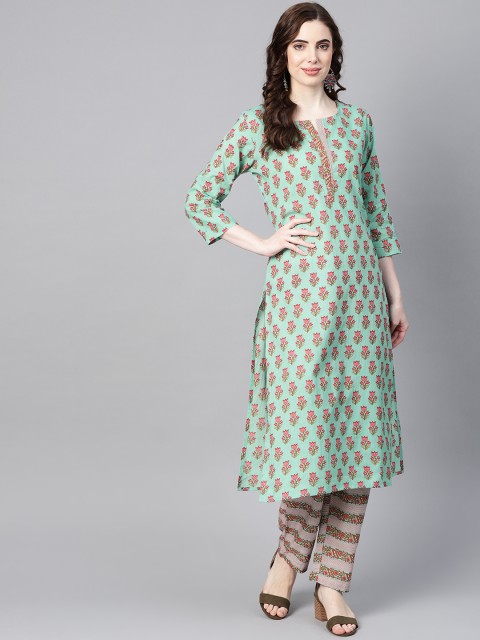 

Yufta Women Sea Green & Red Printed Kurta with Trousers