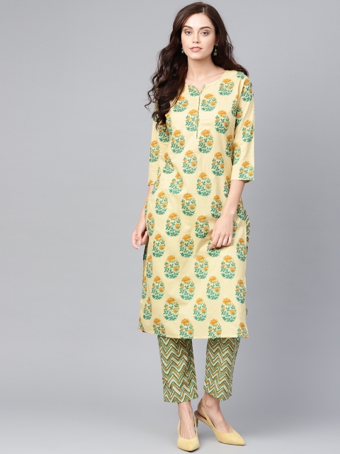 

Yufta Women Yellow & Green Printed Kurta with Trousers