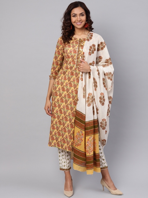 

Yufta Mustard Yellow & Off-White Printed Kurta with Trousers & Dupatta