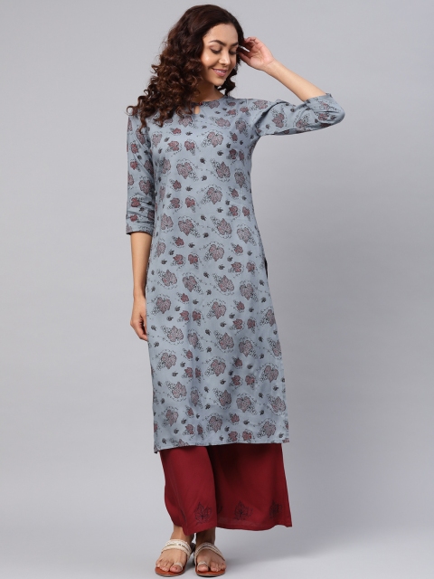 

Yufta Women Grey & Maroon Printed Kurta with Palazzos