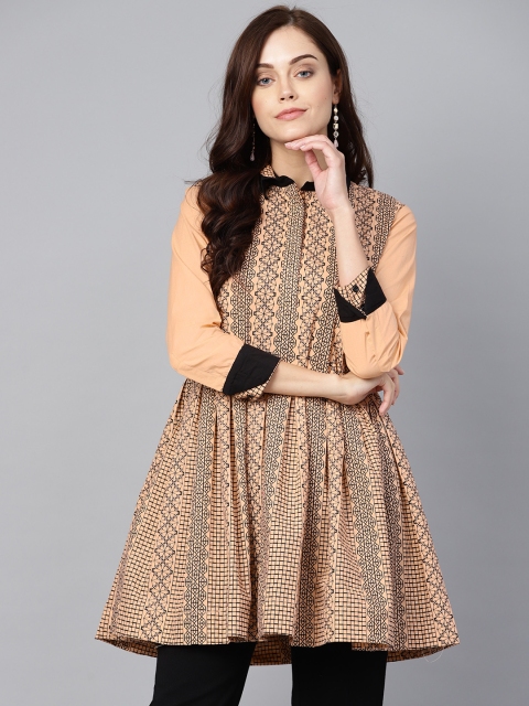 

Yufta Peach-Coloured & Black Printed Tunic