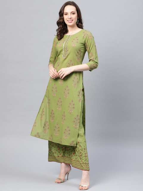

Yufta Women Green & Peach-Coloured Printed Kurta with Palazzos