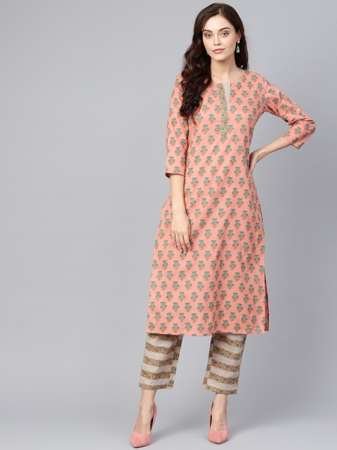 

Yufta Women Peach-Coloured & Green Printed Kurta with Trousers